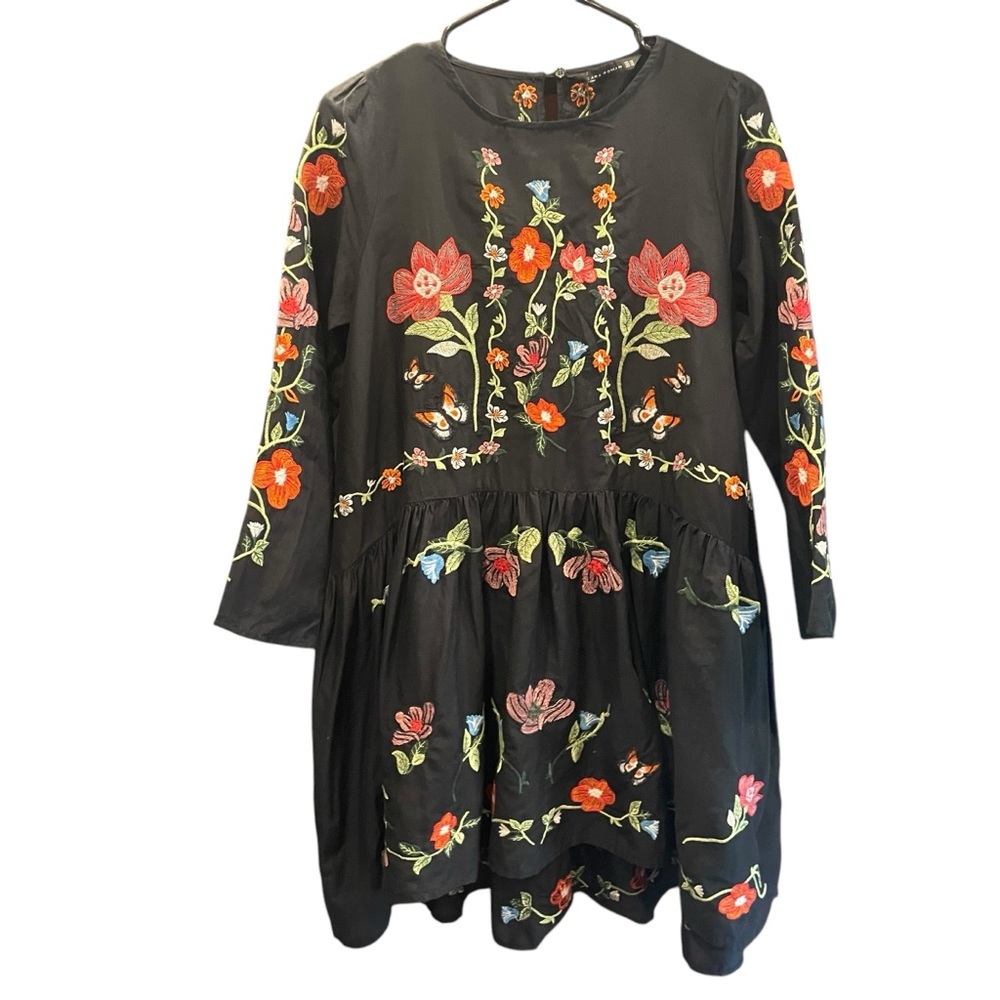 Zara Floral Embroidered Sheath Dress High Low Long Sleeve Crew Neck Black XS